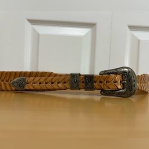 Braided Brown Leather Belt Silver Plated Buckle Size 36 Mexico